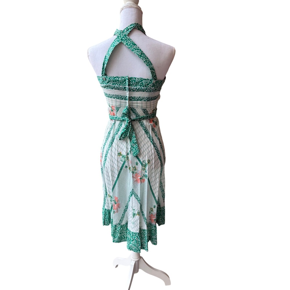 Vintage 70s Green Floral Halter Dress Cutout Smocked Bust Cottagecore S - Picture 3 of 7